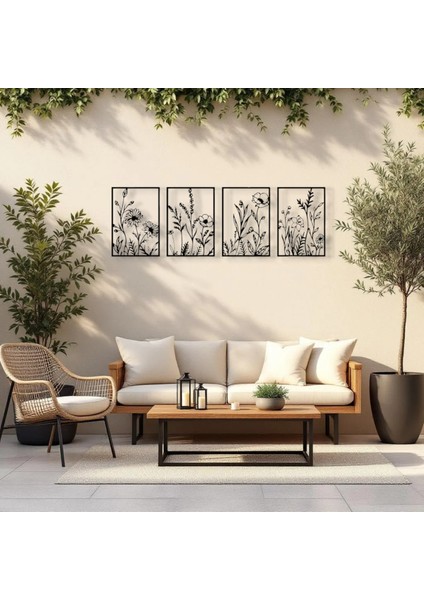 Doğal Çiçek Desenli 4 Parça Metal Duvar Dekoru – Modern Minimalist Sanat Seti