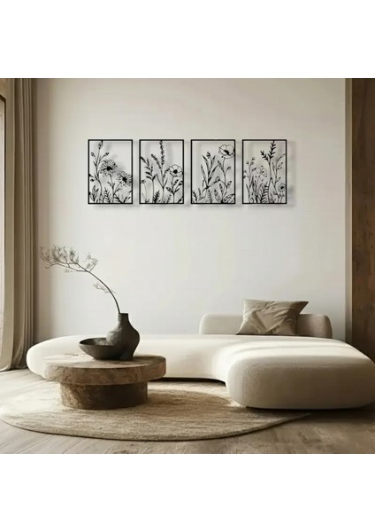 Doğal Çiçek Desenli 4 Parça Metal Duvar Dekoru – Modern Minimalist Sanat Seti