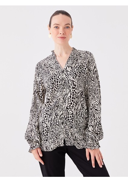 Yeni Sezon V Yaka Desenli Uzun Kollu Kadın Bluz