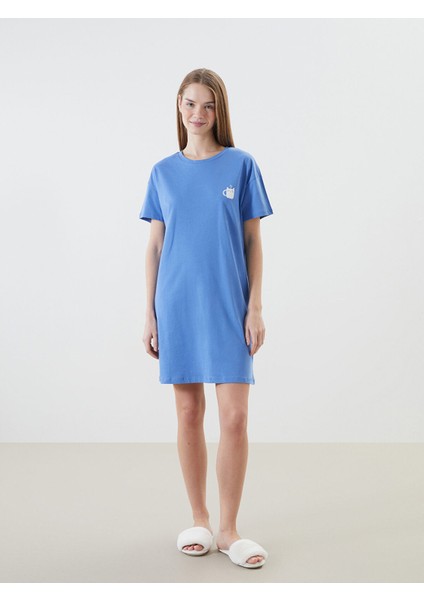 Yeni Sezon Bisiklet Yaka Baskılı Kadın Gecelik