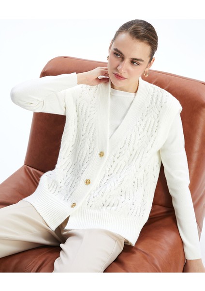 Yeni Sezon V Yaka Kendinden Desenli Kadın Triko Yelek