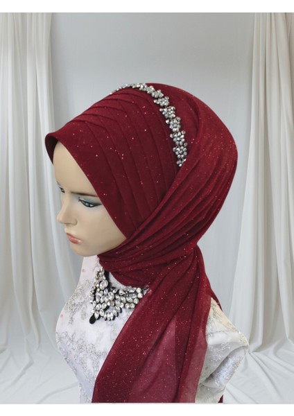 Bordo Simli Tektek Hazır Şal Hazır Türban Abiye Şal