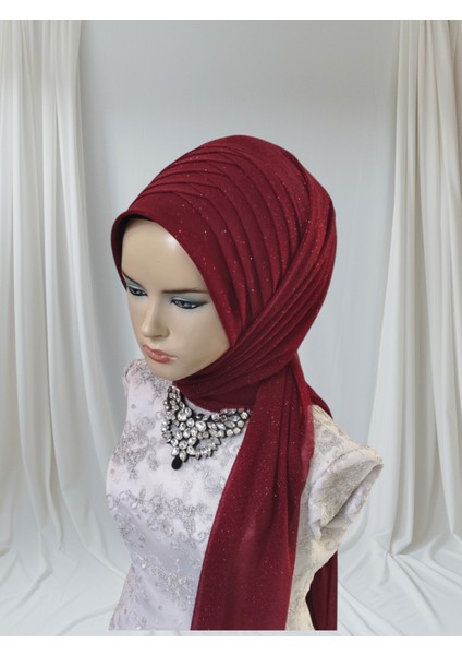 Bordo Simli Tektek Hazır Şal Hazır Türban Abiye Şal modelleri