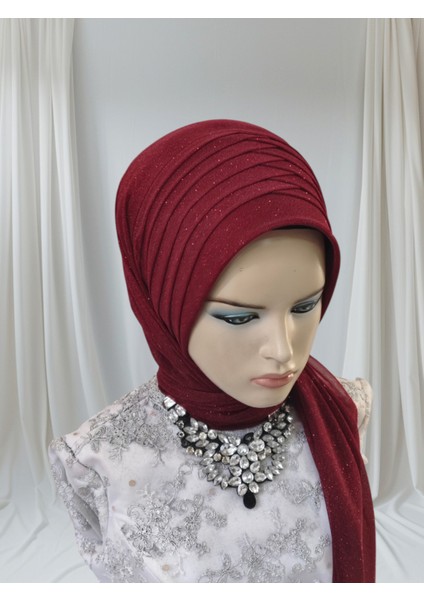Bordo Simli Tektek Hazır Şal Hazır Türban Abiye Şal fırsatları