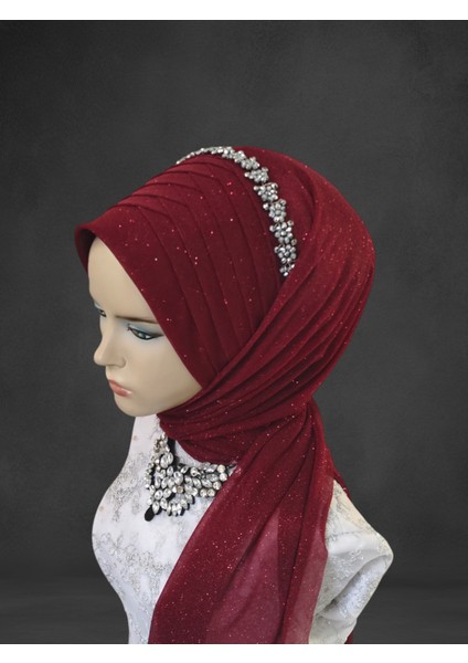 Bordo Simli Tektek Hazır Şal Hazır Türban Abiye Şal indirimleri