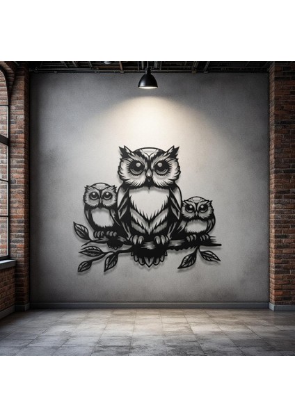 Metal Baykuş Duvar Dekoru – Aile Figürlü Modern Metal Tablo Ev Ofis Salon Dekoratif Duvar Süsü