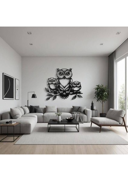 Metal Baykuş Duvar Dekoru – Aile Figürlü Modern Metal Tablo Ev Ofis Salon Dekoratif Duvar Süsü