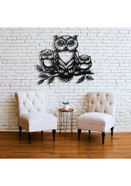 Metal Baykuş Duvar Dekoru – Aile Figürlü Modern Metal Tablo Ev Ofis Salon Dekoratif Duvar Süsü