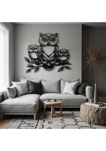 Metal Baykuş Duvar Dekoru – Aile Figürlü Modern Metal Tablo Ev Ofis Salon Dekoratif Duvar Süsü
