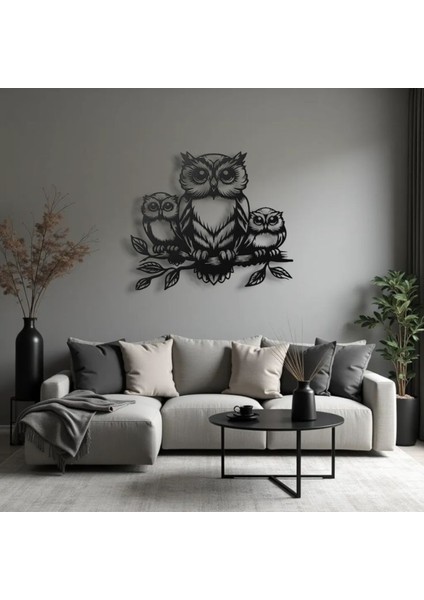 Metal Baykuş Duvar Dekoru – Aile Figürlü Modern Metal Tablo Ev Ofis Salon Dekoratif Duvar Süsü