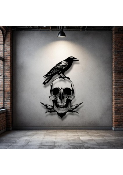 Karga ve Kafatası Temalı Metal Duvar Dekoru – Gotik ve Sanatsal Tasarım