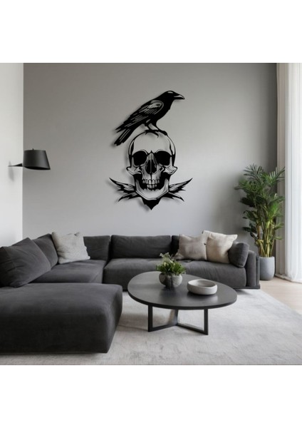 Karga ve Kafatası Temalı Metal Duvar Dekoru – Gotik ve Sanatsal Tasarım