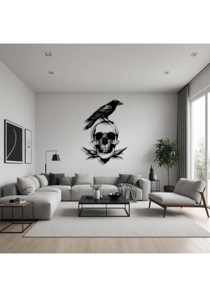 Karga ve Kafatası Temalı Metal Duvar Dekoru – Gotik ve Sanatsal Tasarım