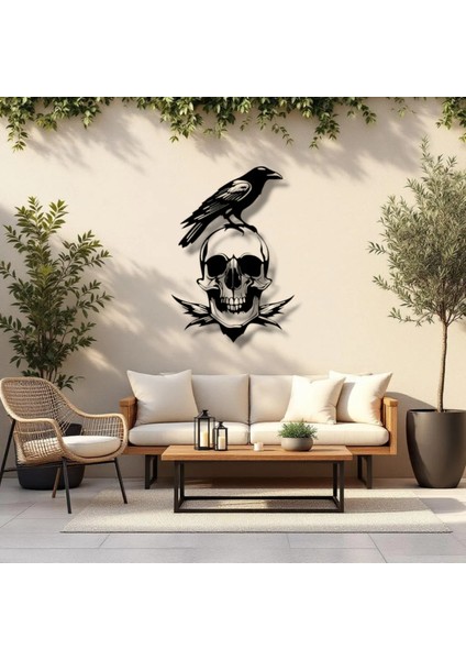 Karga ve Kafatası Temalı Metal Duvar Dekoru – Gotik ve Sanatsal Tasarım
