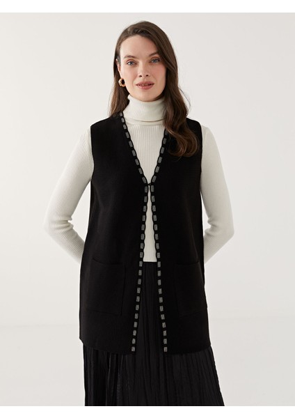 Yeni Sezon V Yaka Desenli Kadın Triko Yelek