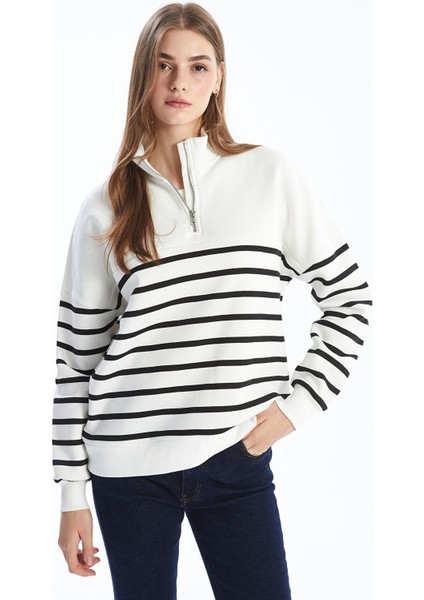 Yeni Sezon Dik Yaka Çizgili Kadın Sweatshirt Tunik