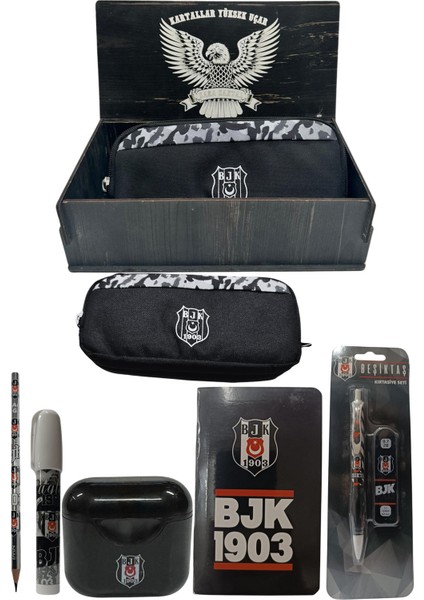 Beşiktaş Orjinal Lisanslı Siyah Air Kalemtraş Ahşap Kutulu 6'lı Kırtasiye Seti