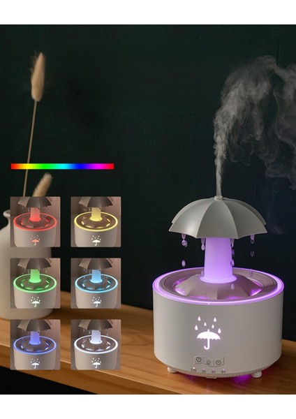 Yağmur Efektli Şemsiye Oda Nemlendirici – 360° Döner Yağmur Efekti, 7 Renk LED Işık, Ultrasonik Sessiz Çalışma, 24 Saat Serin Buhar