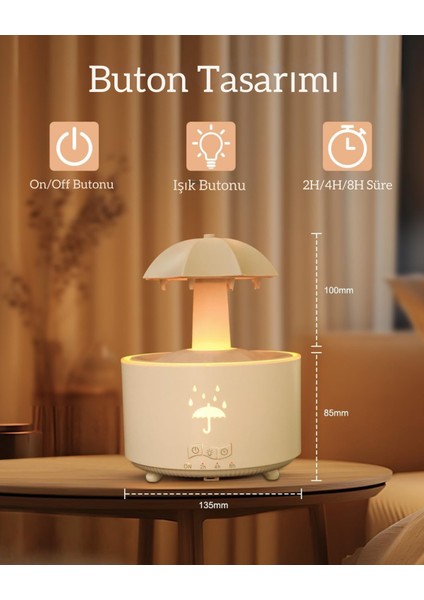 Yağmur Efektli Şemsiye Oda Nemlendirici – 360° Döner Yağmur Efekti, 7 Renk LED Işık, Ultrasonik Sessiz Çalışma, 24 Saat Serin Buhar