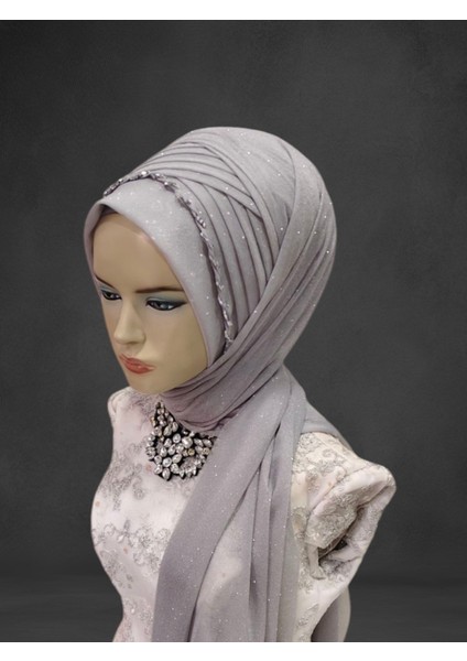 Simli Açık Gri 1 Sıra Işlemeli Hazır Duvak Hazır Şal Abiye Şal