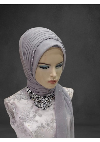 Simli Açık Gri 1 Sıra Işlemeli Hazır Duvak Hazır Şal Abiye Şal fiyatları