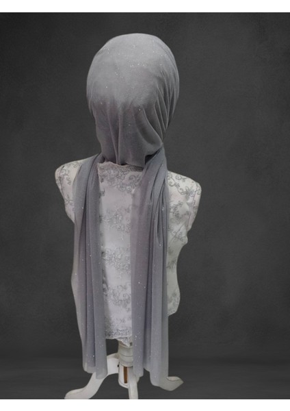 Simli Açık Gri 1 Sıra Işlemeli Hazır Duvak Hazır Şal Abiye Şal modelleri