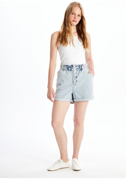 Yeni Sezon Kadın Beli Lastikli Düz Jean Şort