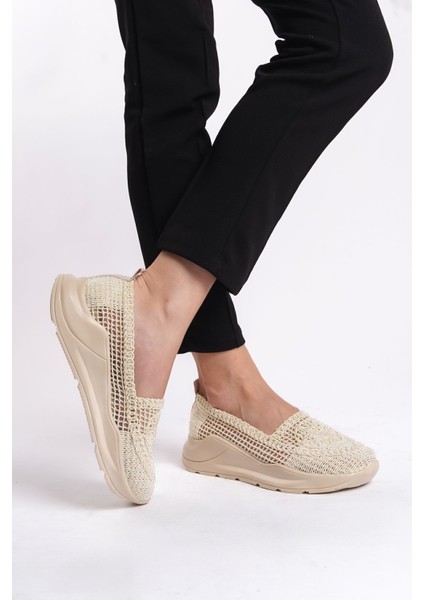 Krem Yüksek Spor Tabanlı Dantel Motifli Yazlık Günlük Kadın Casual Babet Ayakkabı