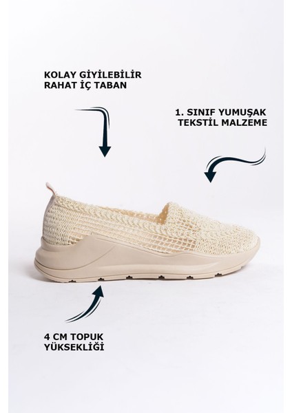 Krem Yüksek Spor Tabanlı Dantel Motifli Yazlık Günlük Kadın Casual Babet Ayakkabı fiyatları