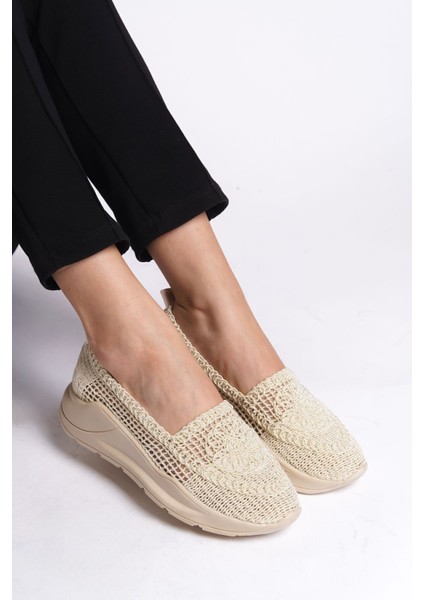 Krem Yüksek Spor Tabanlı Dantel Motifli Yazlık Günlük Kadın Casual Babet Ayakkabı modelleri