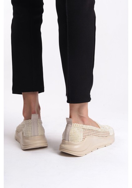 Krem Yüksek Spor Tabanlı Dantel Motifli Yazlık Günlük Kadın Casual Babet Ayakkabı indirimleri