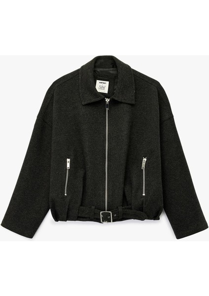 Kadın Koton x Sibil Çetinkaya - Uzun Kollu Fermuarlı Oversize Kaşe Bomber Ceket 6WAK20379EW