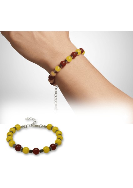 Gümüş Renk Metal Zincirli Küre Kesim Sarı Kırmızı Jade Akik Hematit Doğaltaş Erkek Taraftar Bileklik fiyatları