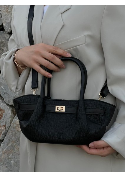 Büzgülü Kilit Detaylı Ayarlanabilir Askılı Siyah Kadın El Kol ve Omuz Çantası fiyatları