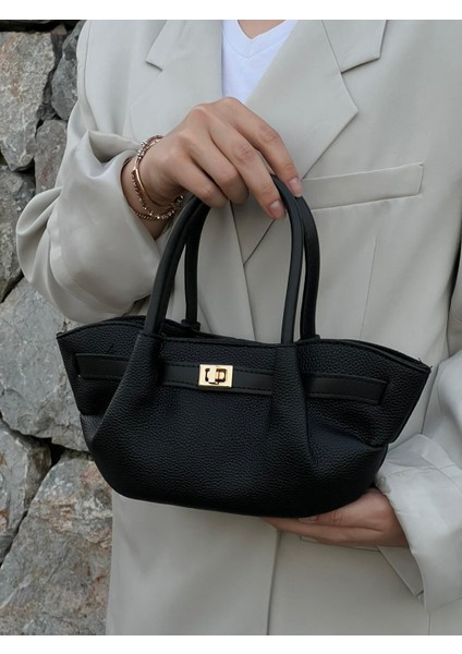 Büzgülü Kilit Detaylı Ayarlanabilir Askılı Siyah Kadın El Kol ve Omuz Çantası modelleri