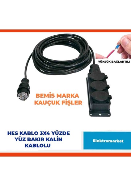 Kauçuk 3'lü Araç Şarjı Uyumlu 10-50 Metre Arası (3x4 Ttr Hes Kablo Tam Bakır) Uzatma Seyyar