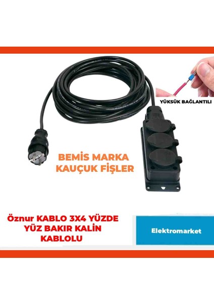 Kauçuk 3'lü Araç Şarjı Uyumlu 10-50 Metre Arası (3x4 Ttr Öznur Kablolu Tam Bakır) Uzatma Seyyar