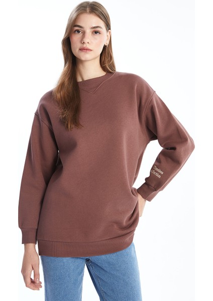 Yeni Sezon Bisiklet Yaka Nakışlı Kadın Kalın Sweatshirt Tunik