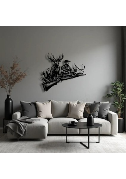 Avcı ve Geyik Temalı Metal Duvar Dekoru – Doğanın Gücünü Yansıtan Sanatsal Tasarım