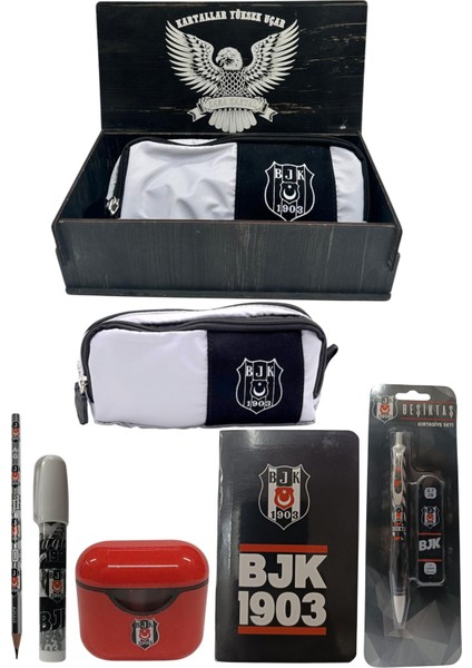 Beşiktaş Orjinal Lisanslı Beyaz Air Kalemtraş Ahşap Kutulu 6'lı Kırtasiye Seti
