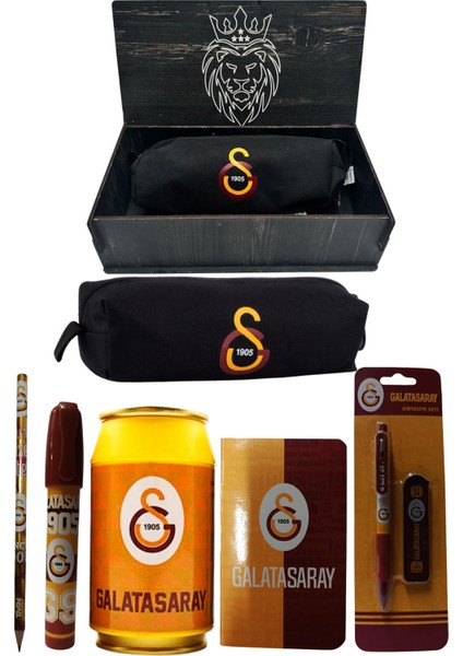 Galatasaray Orjinal Lisanslı Sarı Kutu Kalemtraş Ahşap Kutulu 6'lı Kırtasiye Seti