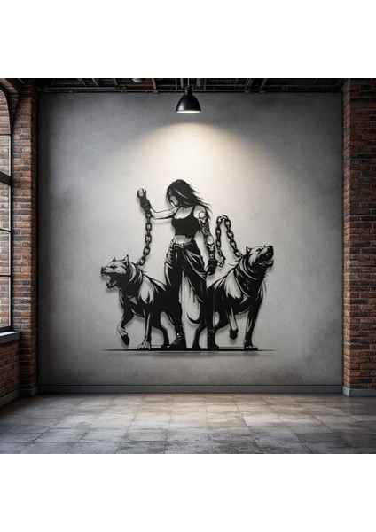 Zincirli Kadın ve Köpekler Metal Duvar Dekoru – Güç ve Özgüven Temalı Sanatsal Tasarım