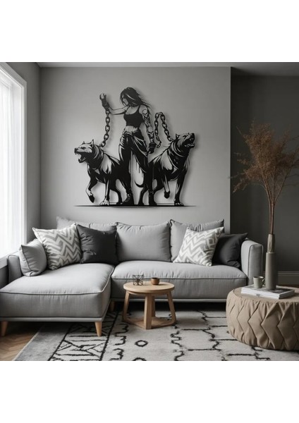 Zincirli Kadın ve Köpekler Metal Duvar Dekoru – Güç ve Özgüven Temalı Sanatsal Tasarım