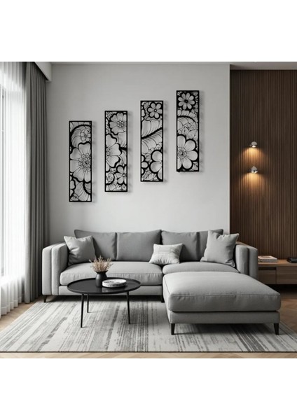Metal Çiçekli Duvar Dekoru Seti – 4 Parça Modern Minimalist Ev Ofis Salon Aksesuarı Sanat Tasarımı