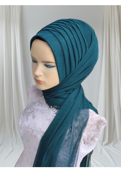 Zümrüt Yeşili Esnek Kumaş Tek Tek Model Hazır Duvak Hazır Şal Hazır Türban Pratik Şal