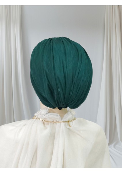 Gri Aksesuarlı Zümrüt Yeşili Sevda Model Hazır Türban Hazır Şal Abiye Şal Bone modelleri