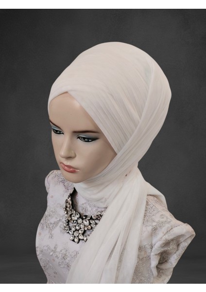 Kırık Beyaz Sevda Model Hazır Türban Hazır Şal Abiye Şal