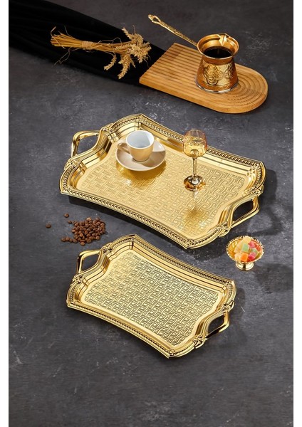 👑 Cooker Altın 2'li Dikdörtgen Tepsi Seti – Işıltılı ve Geniş Servis Alanı!