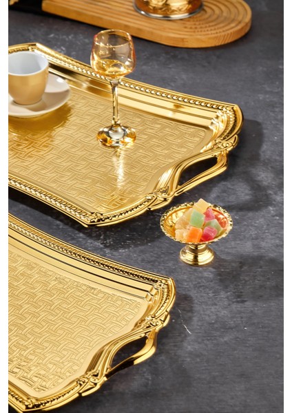 👑 Cooker Altın 2'li Dikdörtgen Tepsi Seti – Işıltılı ve Geniş Servis Alanı! fiyatları