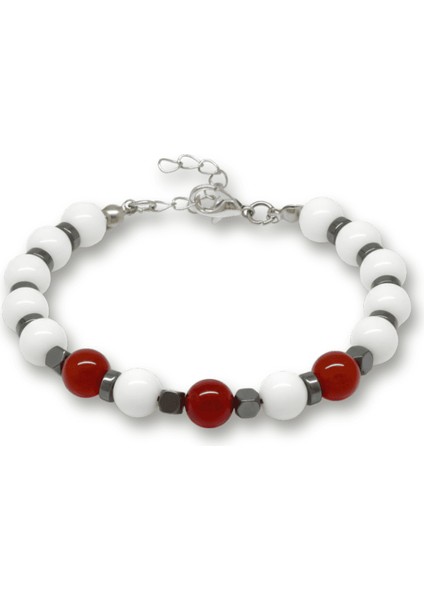 Gümüş Renk Metal Zincir Küre Kesim Kırmızı Beyaz Jade Akik Hematit Doğaltaş Erkek Taraftar Bileklik